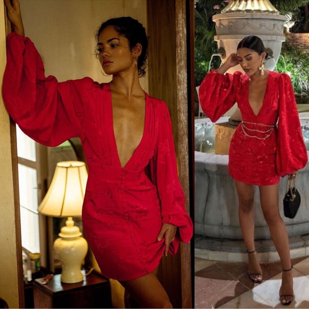 RAT & BOA Red Isabella Jacquard Balloon Sleeve V-Neck Mini Dress